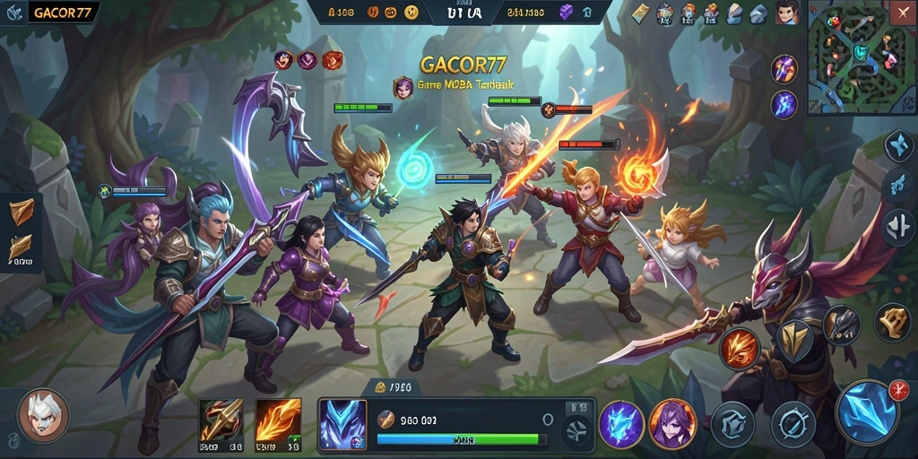 Screenshot utama GACOR77 menampilkan aksi seru dalam pertempuran MOBA.