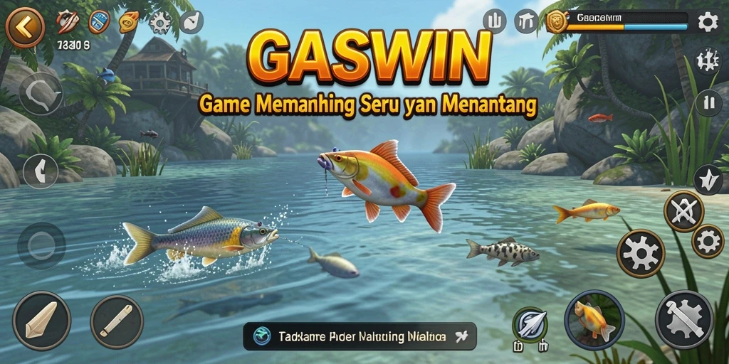 Gameplay GASWIN menampilkan serunya pengalaman memancing di berbagai lokasi.