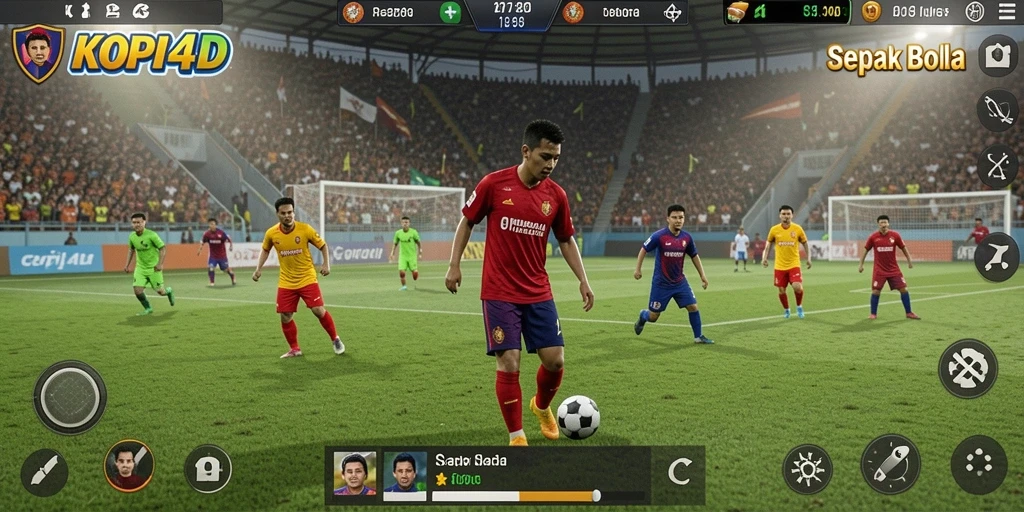 Tampilan lapangan sepak bola dalam KOPI4D saat pertandingan berlangsung.
