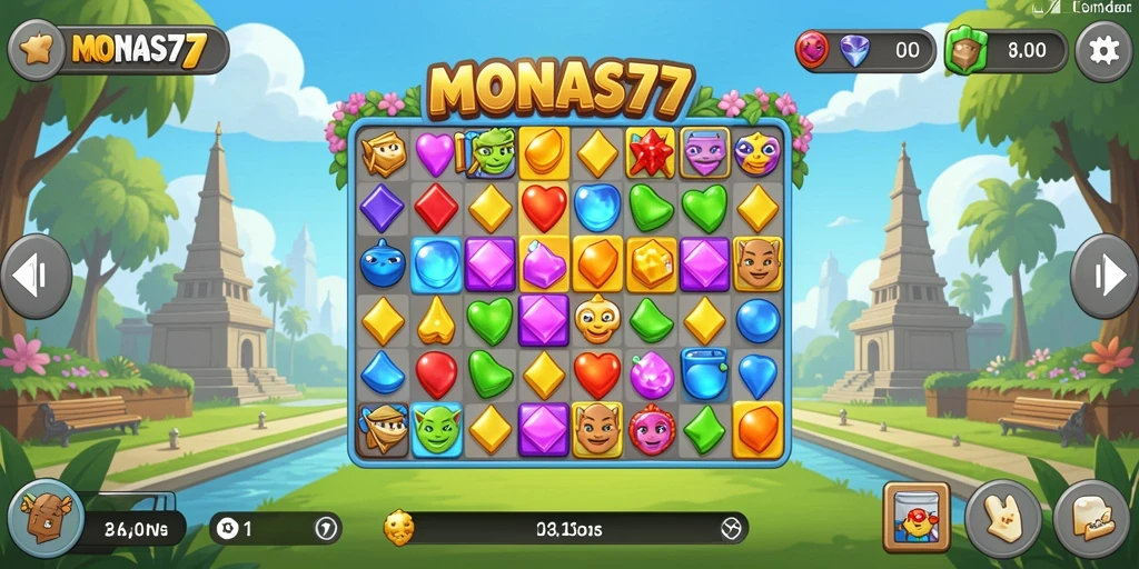Screenshot gameplay <strong>MONAS77</strong> menunjukkan momen penting dalam setiap level Match-3.