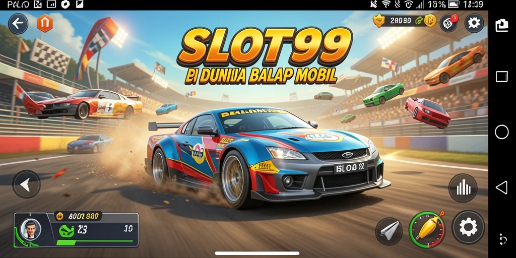 Tampilan gameplay SLOT99 yang menegangkan dengan mobil balap di lintasan.